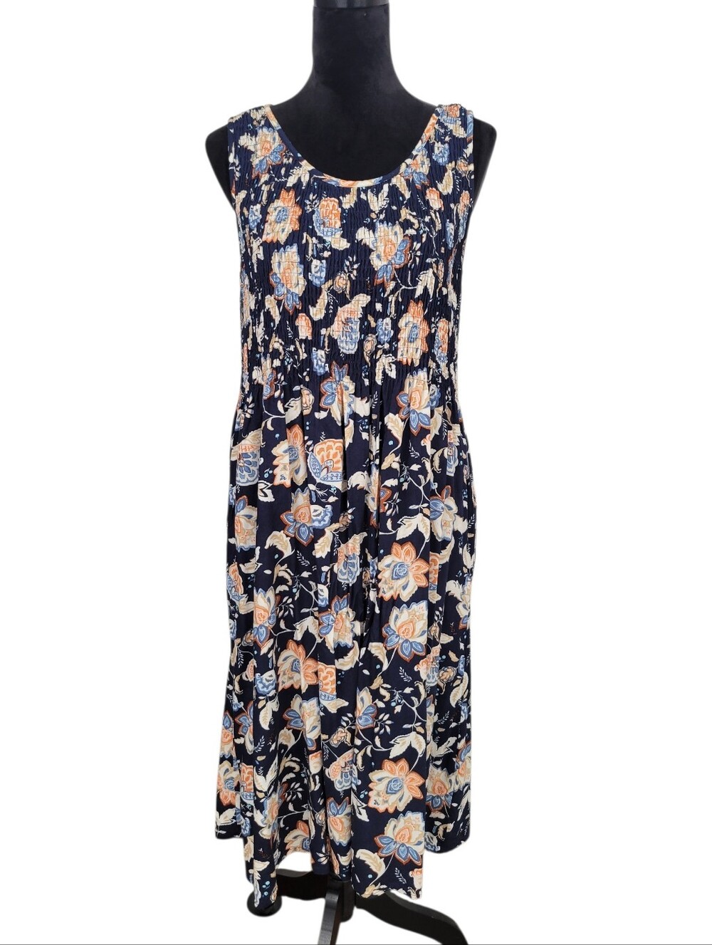 Sleeveless Navy Floral Smocked Midi Dress - Croft & Barrow